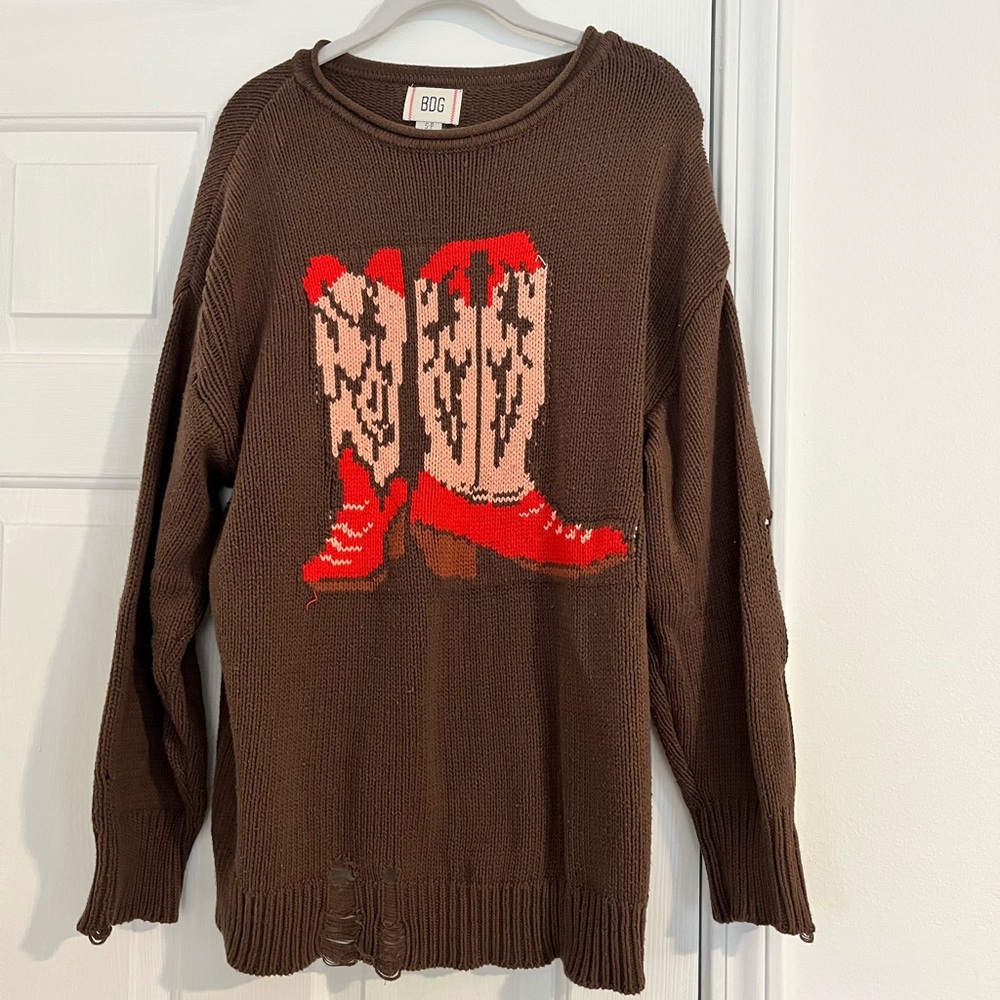 Brown Sweater with Red Cowboy Boots Design